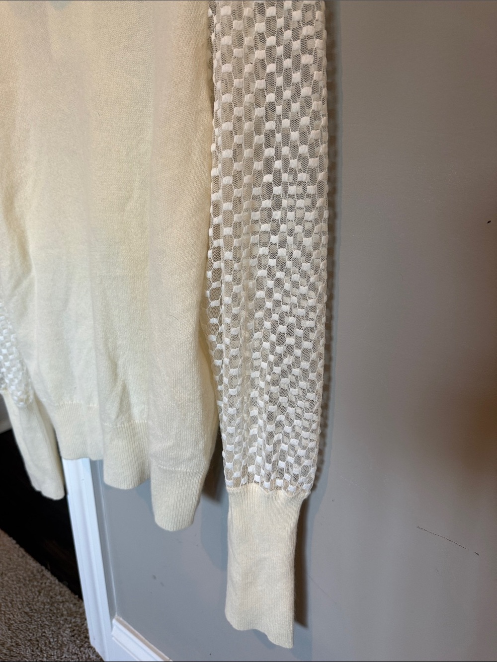 Marled Cream Cowl-Neck Sweater with Sheer Checkered Sleeves - Picture 2 of 4